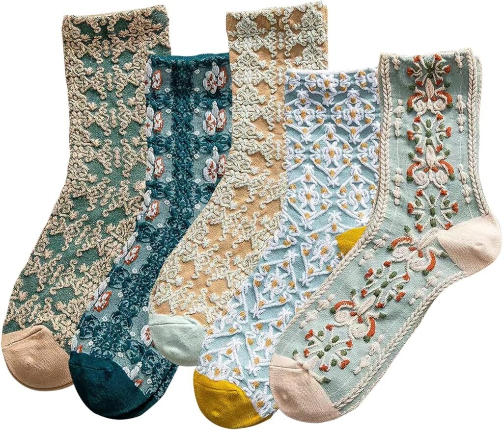 5 Pairs Womens Floral Cotton Socks Vintage Patterned Crew Socks Novelty Ankle Ruffled Warm Casual Dress Socks