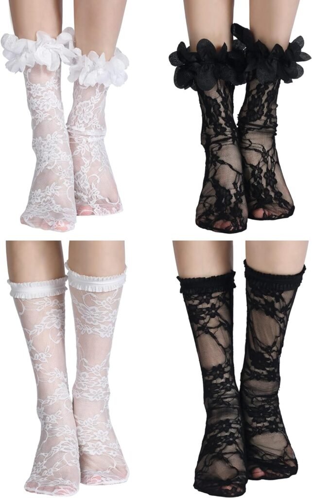 Geyoga 4 Pairs Womens Lace Socks Mesh Lace Loose Socks Decorated Ankle High Sheer Socks Sheer Mesh Slouch Socks for Women (Black and White Flower)