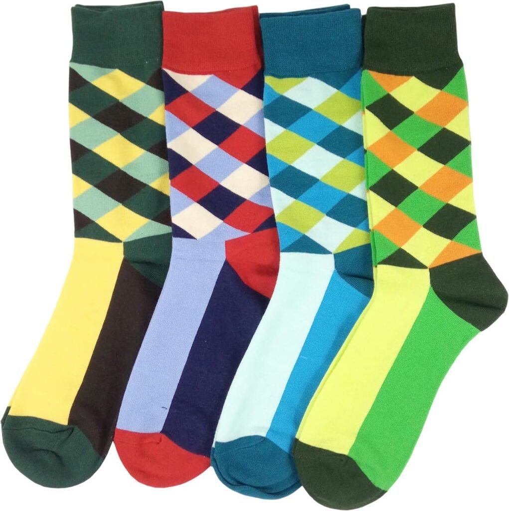 HSELL Funny Mens Colorful Dress Socks Crazy Design Argyle Striped Funky Pattern Cotton Socks for Men Gfits