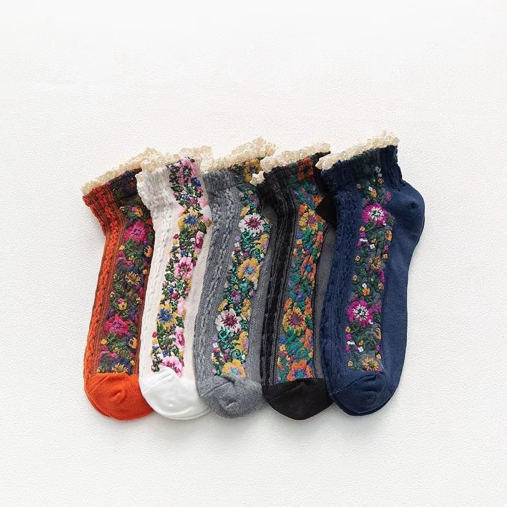 Womens Floral Socks Vintage Low Cut Ankle Socks for Women Cotton Casual Crew Socks Gifts for Women(4/5/6/7/8/10 Pairs)