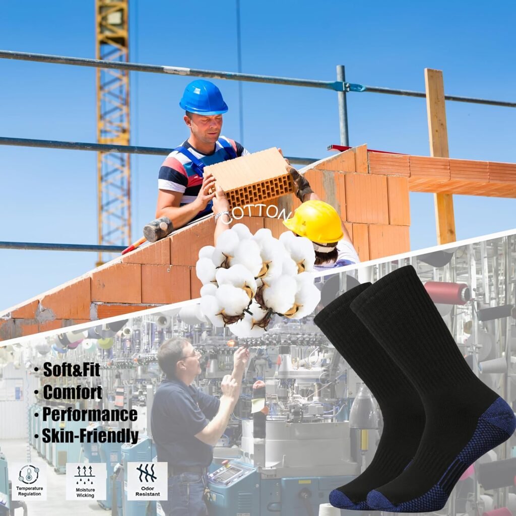 Ortis Mens Cotton Cushion Crew Socks Moisture Wicking Breathable Thick Warm Thermal for Athletic Heavy Duty Work Boot