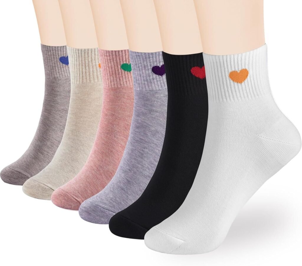 Womens Thin Cotton Socks, Soft Above Ankle Crew socks 6-Pairs Cute Fun Heart Novelty Socks (packed a gift box)