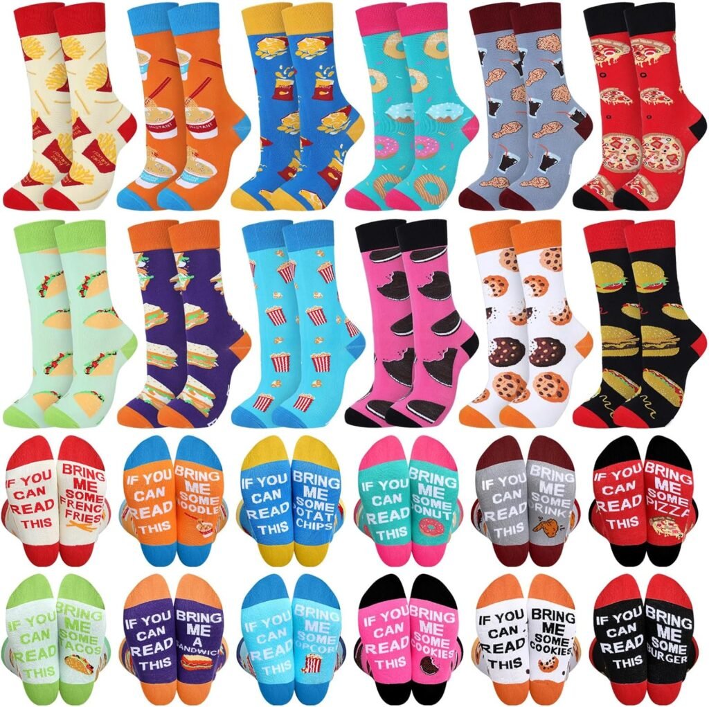 12 Pairs Snack Socks Food Theme Crew Socks French Fries Biscuit Burger Patterned Dress Socks Gift for Men Women Food Lover