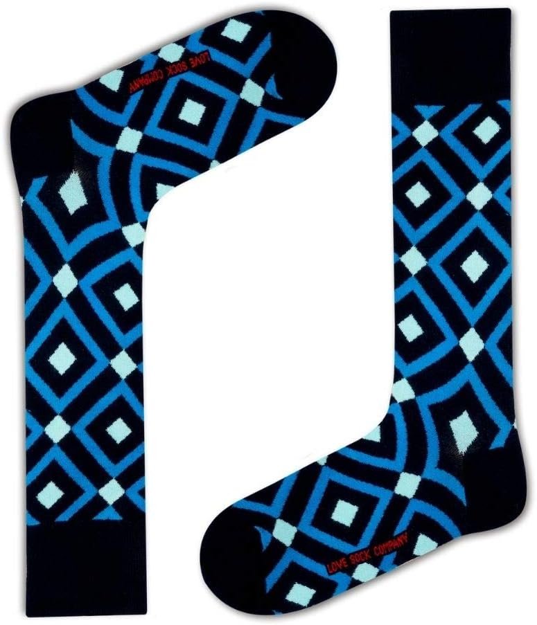 Luxury Organic Cotton Fun Geometric Argyle Dress Socks for Men One Size 7-12.5 - 1 Pair - Mirrors Blue