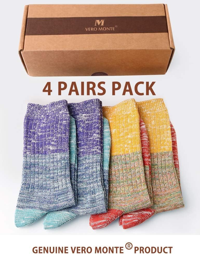 VERO MONTE 4 Pairs Colorful Patterned Cotton Socks for Women Casual Crew Socks